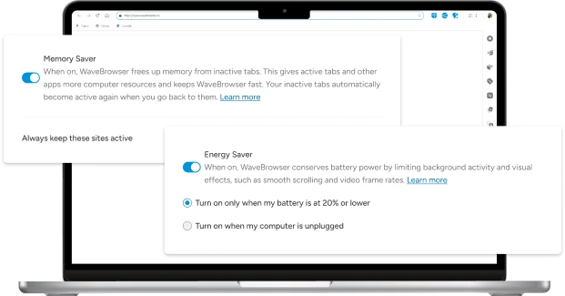 Wave Browser's optional memory and energy saving options help you save resources and reduce energy consumption