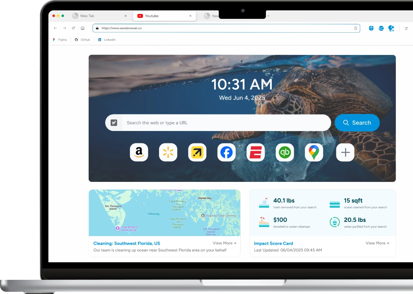 A depiction of our desktop product, with its sustainability features highlighted
